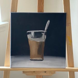 Hand painted canvas stirring coffee 8x10